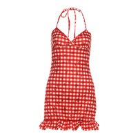 Nouvelle arrivée estivale, robe élégante à col halterneck en plaid rouge rétro pour femme, coupe ajustée, décolleté plongeant