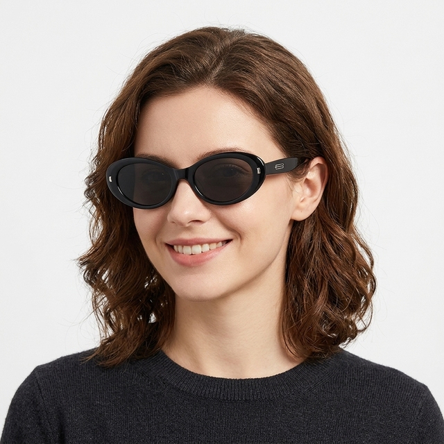 Retro Black Oval Full Rim Acetate Sunglasses with Rectangular Logo UV400 Protection Comfortable Fashion Unisex