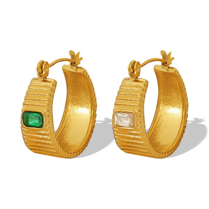 Hoop Earrings Gold Plated <b>Titanium</b> Steel Green White Glass Bezel Setting Everyday Wear Geometric Design EH154 - Product Image 5