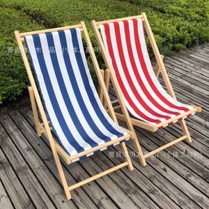 Silla de Playa de Madera Maciza, Plegable, Reclinable, con Patas Cónicas, Estilo Costero, Silla de Descanso para Exteriores, Rayas Azules y Rojas - Product Image 1