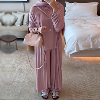 İslami Giyim Kadın 3 Parça Ev Giyim Seti Moda Günlük Düz Renk Hırka Üst Pantolon Takımı Jersey Müslüman Kadın Abaya Seti