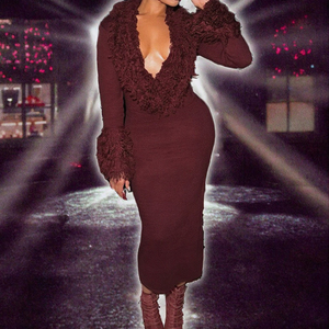 Vestido de punto peludo para mujer, casual, natural, con cuello en V profundo, sexy, elegante, para fiesta, tendencia de invierno, elástico, ajustado, midi, bodycon - Product Image 3