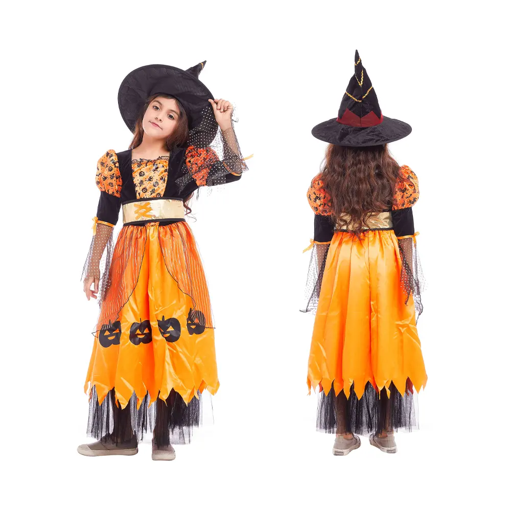 2024 pas cher enfant sorcière Halloween citrouille imprimé robe gonflée Costume de fête Costume de sorcière pour les enfants