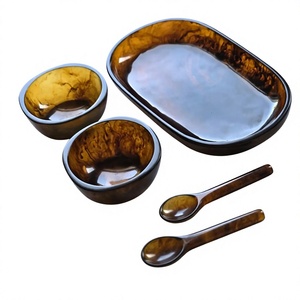 Service de table rétro en résine marbrée ambre, 2 bols, 1 plateau, 2 cuillères, vaisselle légère et polie, pour la maison, l'hôtel, le restaurant, design unique - Product Image 1