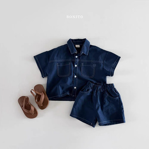 Nuovi arrivi estivi in stile coreano: set due pezzi in morbido denim con cuciture visibili, tinta unita, per ragazzi e ragazze. - Product Image 4