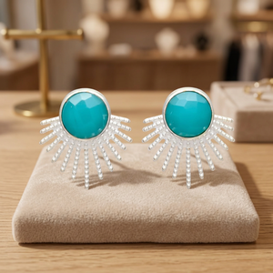 New Arrival Sun Light Silver Turquoise Gemstone Drop Earrings Wholesale Precious Metal Alloy Gold Plated Ethnic Jaipur Party - Product Image 3