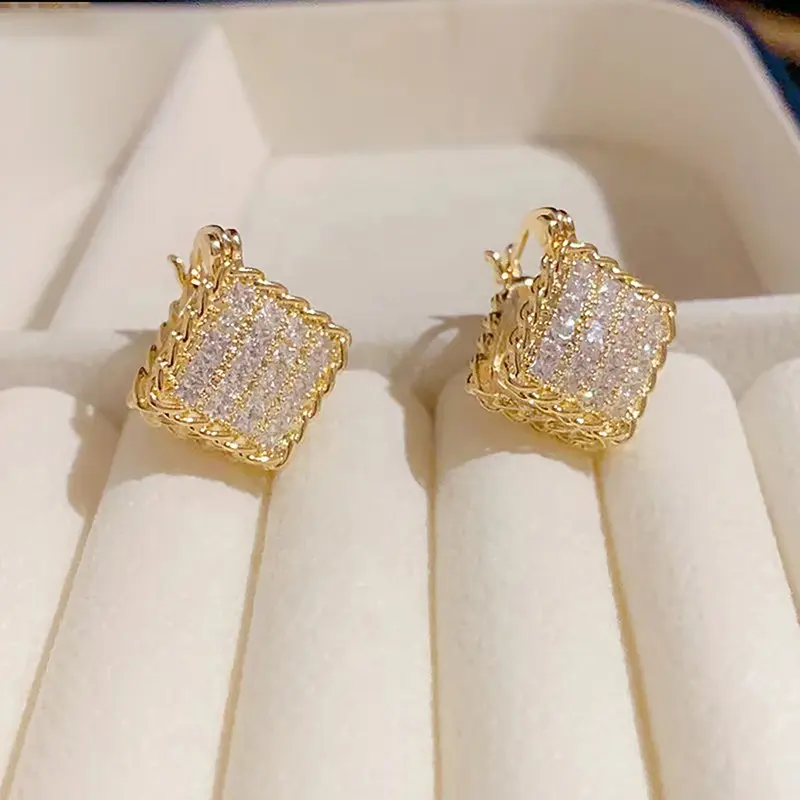 Luxe Oorbellen Stijl Dubbel Diamant Kristal Nieuw Met Veelzijdig Frans Geometrisch Messing Zirkoon Oorbellen Feest Oorbellen Vrouwen