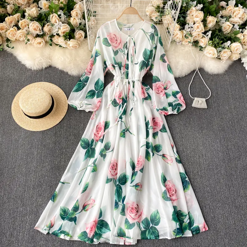 2021 봄 여름 새로운 프랑스 스타일 느슨한 꽃 드레스 우아한 숙녀 인쇄 긴 소매 드레스 라운드 넥 맥시 드레스