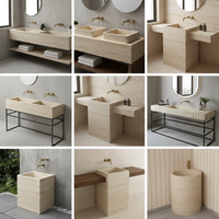 Plan de travail en pierre naturelle travertin beige avec lavabo simple trou pour salle de bain, facile à nettoyer, accessoire de présentation en pierre calcaire cosmétique