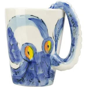 OEM handmade 3D ceramic mug marine style octopus squid milk mug with octopus handle travel coffee mug