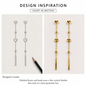 Pendientes Largos Colgantes de Acero Inoxidable con Cadena de Corazones y Barra, Chapados al Vacío en Oro de 14K y Plata - Product Image 5