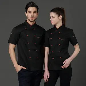 Siyah şef ceket şef ceketi kadın üniforma mutfak pişirme giysi mutfak erkekler kısa kollu restoran otel Bar ceket