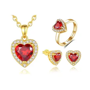 Fashion Luxury Red Heart Shaped Cubic Zirconia Fine Jewelry Set 925 Sterling Silver Gold Plated Bridal Jewelry Sets