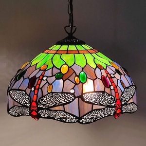 LongHuiJing 16-Inch Wide Tiffany Style Dome Pendant <b>Light</b> Colorful Dragonfly Stained Glass Shade Adjustable Height Middle Size - Product Image 2