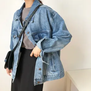 Jaket Denim Biru Musim Semi Wanita, Jaket Jeans Pelajar Retro Korea