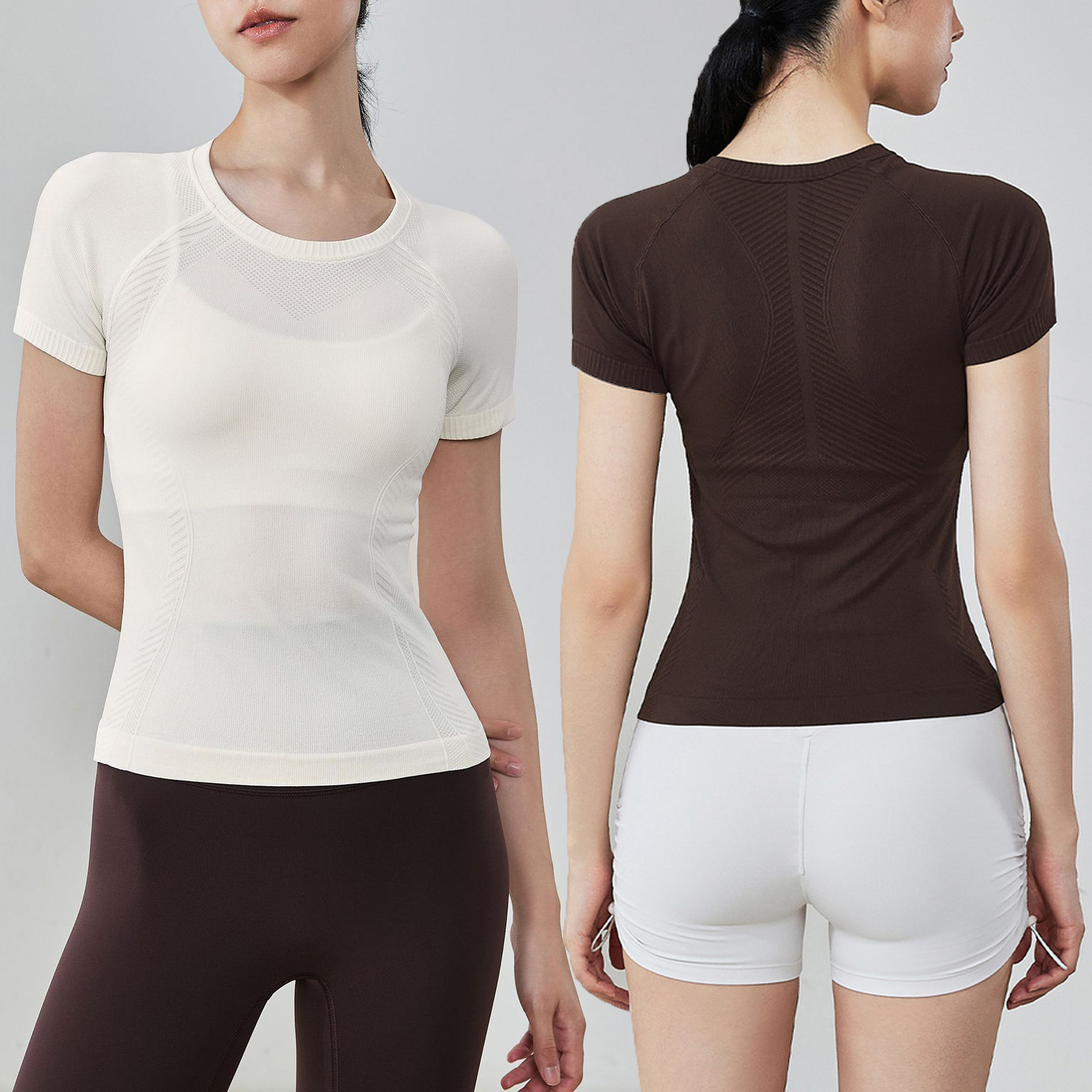 YIYI Scoop Neck Short Sleeve Slim Breathable Sports T-shirts Quick Dry Textured Raglan-cut Mesh Knit Women's Seamless Yoga Top