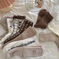 Chaussettes en pile personnalisées avec logo OEM, couleur café vintage, motif ours, style universitaire, chaussettes mi-hautes pour femmes, automne-hiver