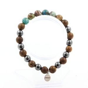 Chrysocolla from Namibia + Hematite + wood 8 mm <b>beads</b> <b>Bracelet</b>. Made in France - Product Image 2