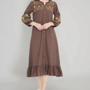 Vestido de Lino y Algodón Personalizable, Elegante, Cuello Redondo, Casual, Corte en A, Manga Larga, Abotonado, Midi, Verano, para Mujer - Product Image 2