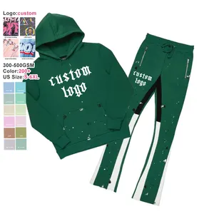 Streetwear Op Maat Voor Heren Joggingbroek En Cropped Hoodie Set Patchwork Katoenen Flare Joggingpakken Met Zuurwas Zeefdruk Trainingspakken