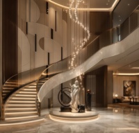 Escalier intérieur incurvé de luxe pour appartement, avec garde-corps en verre, acier et bois, design moderne et écologique