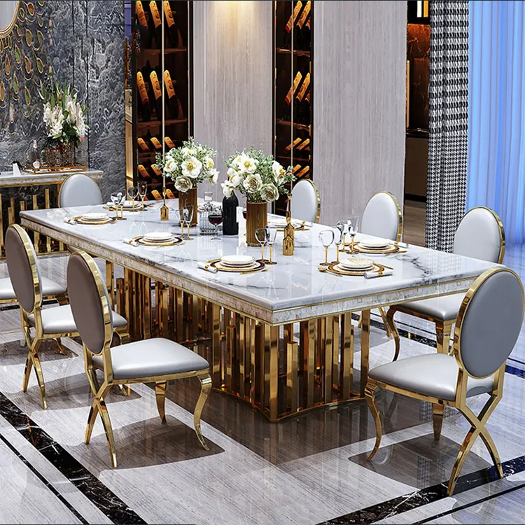 モダンな家具キッチンダイニングテーブルと6椅子高級レストラン金属ステンレス鋼大理石ダイニングルームセットダイニングテーブル