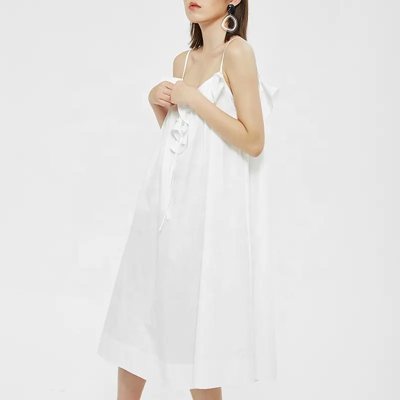 Custom low MOQ Spring and summer 100% Cotton Hot sale Holiday wear sleeveless Ruffles White casual women's summer dress