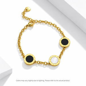 Women's Stainless Steel <b>Acrylic</b> White Shell Bracelet, Gold Tone Link Chain with Roman Numeral <b>Disc</b> Charms, Adjustable 17+3 cm - Product Image 1