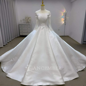 Lsjj150 Elegant Ivory Satin <b>Wedding</b> Dress Regular Sleeve Sweetheart Neckline Minimalist Ball Gown Backless Chapel Train - Product Image 1
