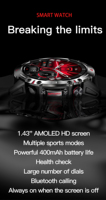 Montre connectée sportive HK87 2024 avec écran AMOLED de 1,43 pouce, appels Bluetooth, mesure de l'oxygène sanguin, batterie de 410 mAh, Reloj Smartwatch