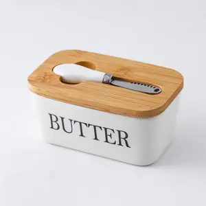 Personal isierte benutzer definierte Keramik Butter Box Rechteck mit Holz abdeckung mit Messer Home Restaurant versiegelte Aufbewahrung sbox Butter Dish