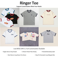 T-shirt Homme Unisexe en Coton Lourd à Coutures Contrastantes Épaules Tombantes d'Été Col Rond Style Ringer