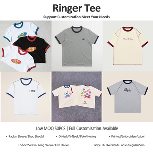 T-<span class=keywords><strong>shirt</strong></span> Homme Unisexe en Coton Lourd à Coutures Contrastantes Épaules Tombantes d'Été Col Rond Style Ringer - Product Image 2