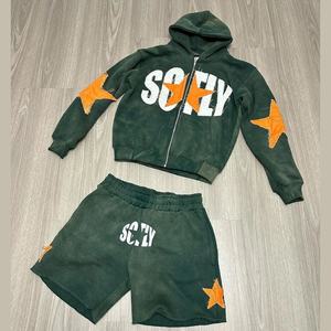 Conjunto de traje de sudor de dos piezas con lavado ácido de diseño personalizado 2025, conjunto de sudaderas con capucha y pantalones cortos con cremallera y bordado de socorro Retro - Product Image 1