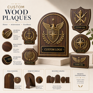Placa de Madera Personalizada con Escudo, Placas con Relieve Metálico 3D, Trofeo Grabado con Placa Plateada, Premios en Blanco para Empresas - Product Image 1
