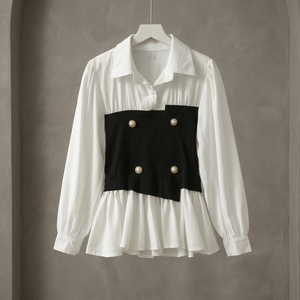 Blusa Blanca de Manga Larga para Mujer con Panel de Contraste Negro, Botones de Perla, Volantes, Cuello Camisero, Estilo Dulce, Corte Holgado - Product Image 4