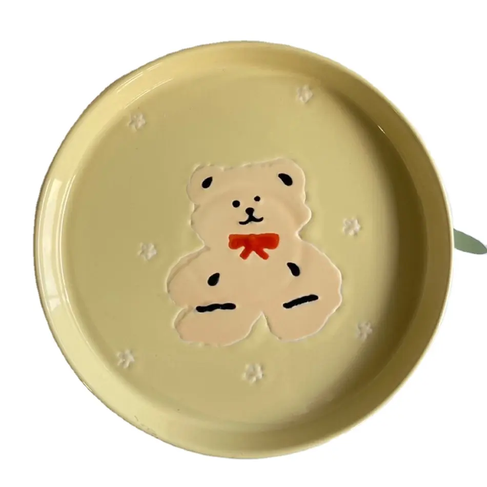 Peralatan Makan Keramik Bayi Dicat Tangan, Piring Kreatif Hati Anak Perempuan Warna Bawah Mengilap Beruang Kuning Relief