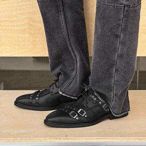 Chaussures en cuir noires élégantes pour hommes, confortables et décontractées, à rivets et bout pointu, grandes tailles, chaussures de ville, chaussures Derby tendance pour hommes - Product Image 3