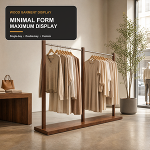 Expositor de Roupas com Acabamento em Madeira e Trilho Metálico para Pendurar, Suporte de Vestuário Independente para Lojas de Varejo e Boutiques - Product Image 4