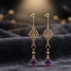 Boucles d'oreilles pendantes plaquées or avec pierre précieuse en forme de poire violette, serties de filigrane, pour femme, idéales pour les fêtes et mariages - Product Image 2