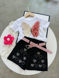 New Style Girls Short <strong>Sleeves</strong> 3D <strong>butterfly</strong> T-shirt <strong>Top</strong> + Sequined Jeans Shorts 2 Pcs Outfit Clothing Set - Product Image 5