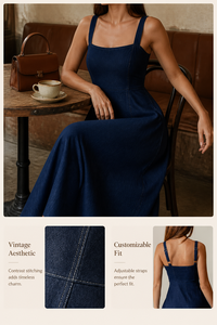 Vestido midi vaquero vintage índigo oscuro con lazo frontal para mujer, cintura alta, silueta en A, estilo camisola, con corsé moldeador. - Product Image 6