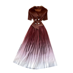 <span class=keywords><strong>Abito</strong></span> lungo da donna elegante con colletto a revers, maniche corte, <span class=keywords><strong>doppiopetto</strong></span>, vita cinata e pieghe sfumate per primavera estate - Product Image 5