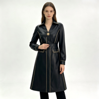 Großhandel Maßgeschneiderte Größe Farbe Logo Damen V-Ausschnitt PU-Leder Jackenkleid mit Goldener Paspelierung Tailliertes Elegantes Damenkleid