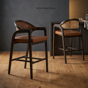 Chaise de bar moderne en rotin avec dossier, siège rembourré, structure en bois, chaise de salle à manger de hauteur comptoir pour hôtel et café - Product Image 2