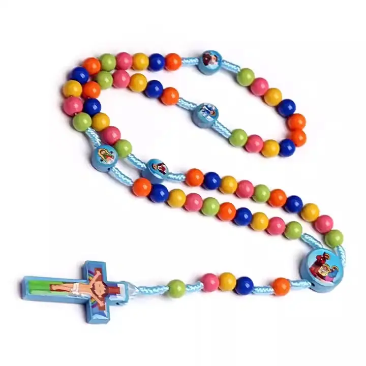 Rosario per bambini collana croce colorata rotonda con perline che intreccia a mano battesimo arilico preghiera gioielli decorazione con perline