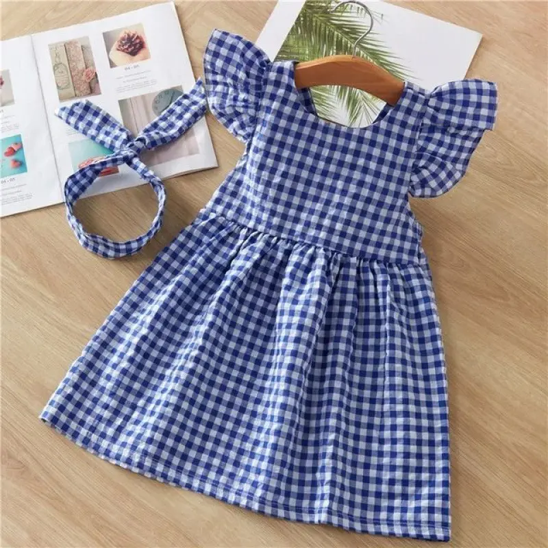 Seersucker Baby-Mädchen Sommerkleid Großhandel Kinderkleider für Mädchen Gingham-Platte Kleinkinder-Mädchenkleider