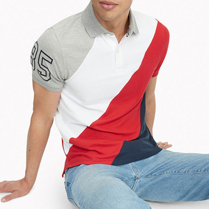 Men's Color Blocked Cotton <b>Polo</b> <b>Shirt</b> Short Sleeve Breathable Casual Design With Number Print On Left Sleeve - Product Image 1