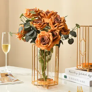 Vaso de mesa de casamento de luxo moderno nórdico pequeno cilindro decoração para casa vaso de cristal de vidro metal flor para decoração de casa