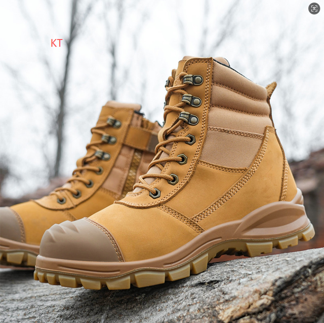 Steel Toe Safety Boots for Convenient Wear Brown Crazy Horse and Yellow Nubuck Leather With Zipper Safety Work Boots